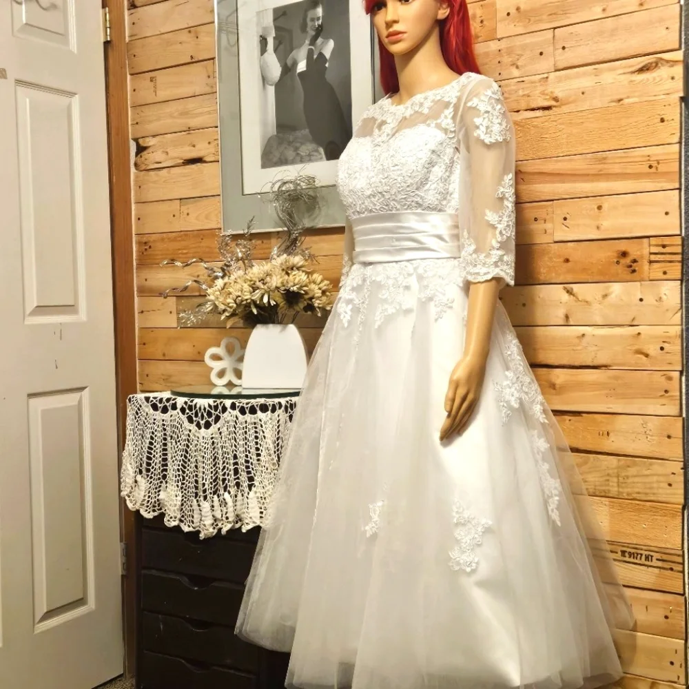 knee length dresses for ladies 3/4 Sleeves Tea-length Bridal Wedding Dresses – Angrila main image 1